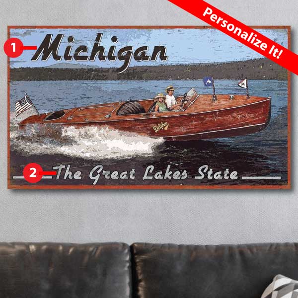 Customizable classic wood boat wall art; Michigan; The Great Lakes State; Vintage wood sign on grey wall above a leather couch