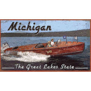 Classic wood boat; Michigan; The Great Lakes State; Vintage wood sign