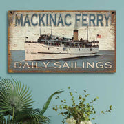 Mackinac Ferry vintage ad; distressed wood sign; boating; vacation home decor