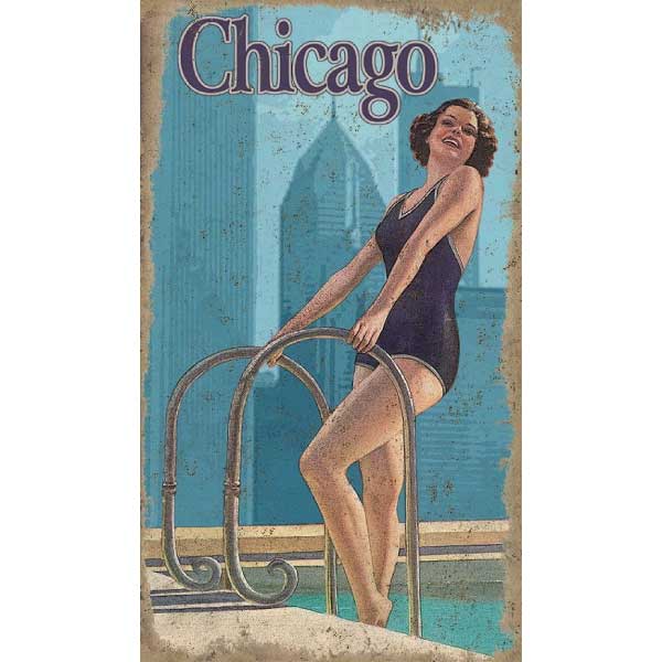 Women emerging from a swimming pool on the roof of a skyscraper in Chicago; skyline in the background