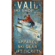 Vail Ski Shop vintage advertisement, image of old-time skier jumping. Colorado. Winter Sports Outfitter