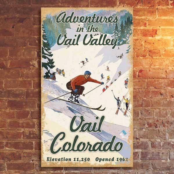 adventures in the Vail Valley, Colorado. Vintage wood sign. Opened 1962. Ski sign