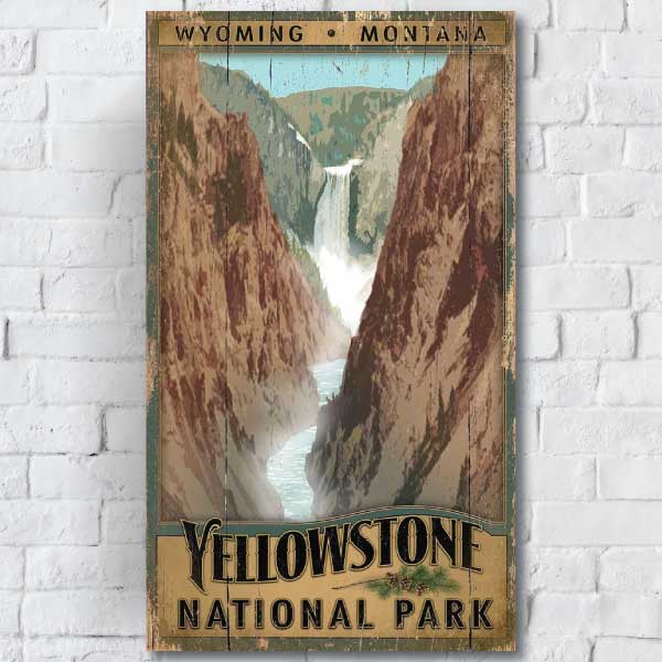 Vintage poster on wood panel for Yellowstone National Park. Yellowstone River. Wyoming