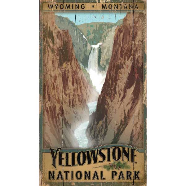 Vintage poster on wood panel for Yellowstone National Park. Vintage Wood Sign. Montana