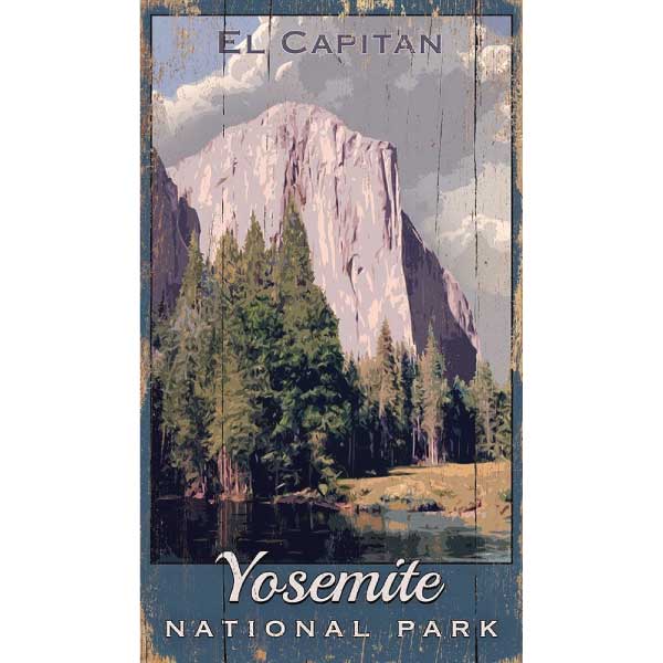 Vintage image of El Capital in Yosemite National Park; weathered image on wood panel