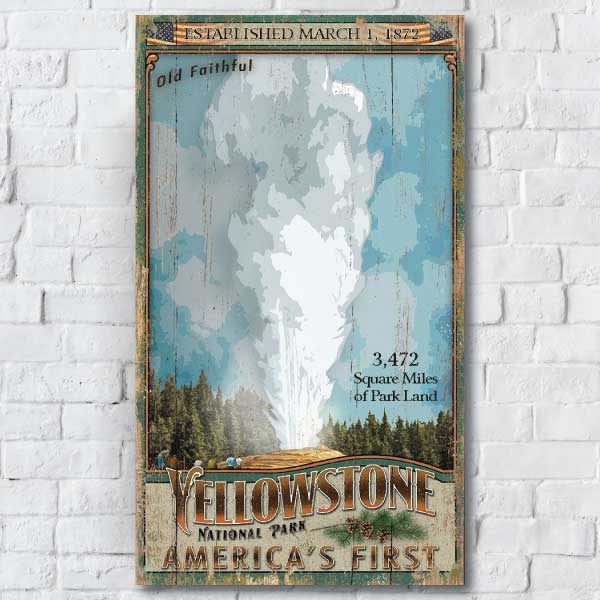 Old Faithful at Yellowstone National Park vintage wood sign