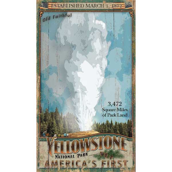 wood sign Old Faithful at Yellowstone National Park; distressed and vintage