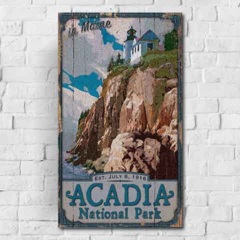Acadia National Park, Maine, Vintage Wood Sign against white background