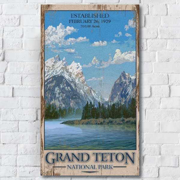 Vintage wood sign of Distressed image of Grand Teton National Park