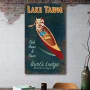 Couple in Canoe on Lake Tahoe hanging above a desk; old wood sign