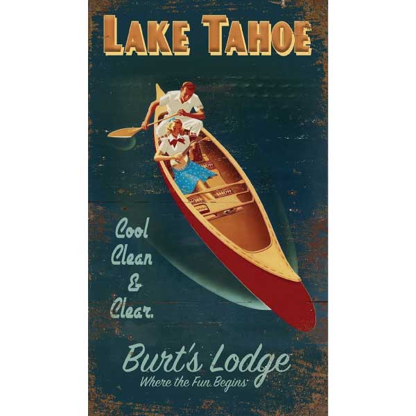 Couple in Canoe on Lake Tahoe; personalize the location; blue; vintage wood sign