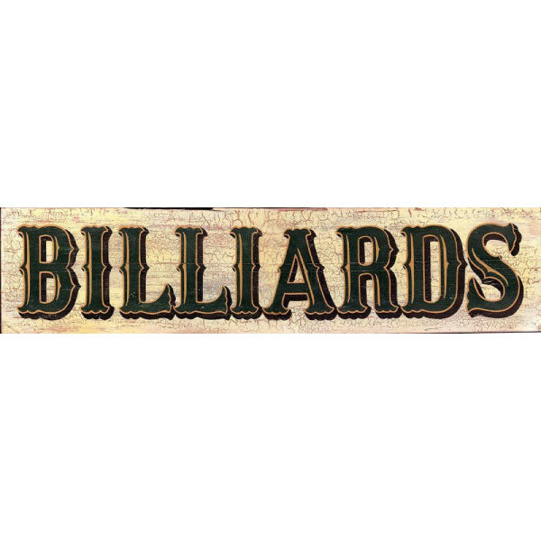 distressed wood sign: BILLIARDS; perfect decor for you family game room