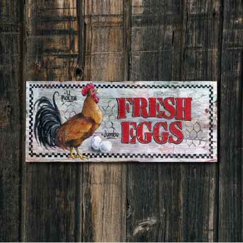 Rustic kitchen sign "Fresh Eggs" with chicken