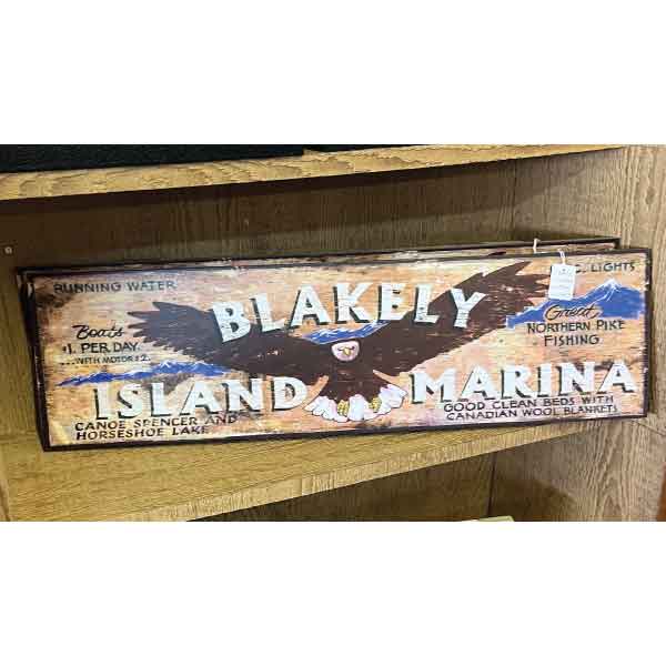 customized vintage sign for Blakely Island Marina; San Juan Islands; image of soaring eagle