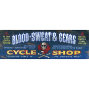 Blood, Sweat & Gears Cycle Shop vintage ad on weathered wood