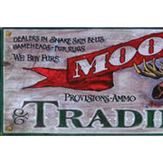 close up of old wood sign; Moose Jaw Trading Post; weathered, antique style wall art