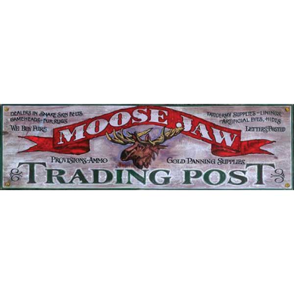 old wood ad for Moose Jaw Trading Post; weathered, antique style wall art
