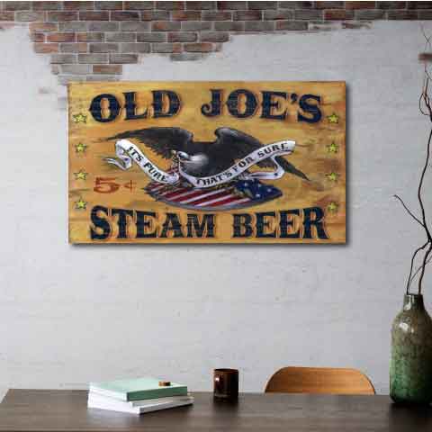 Antique-style wood sign for Old Joe's Steam Beer with American Eagle and Shield