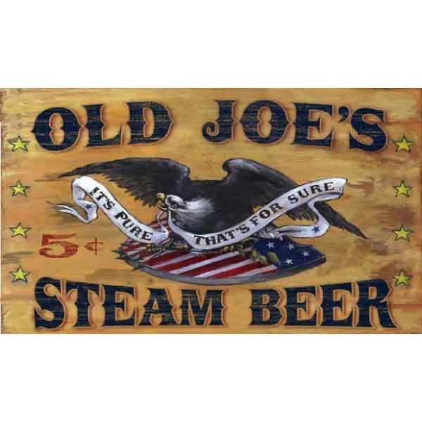 Antique-style wood sign for Old Joe's Steam Beer with American Eagle and Shield; no background