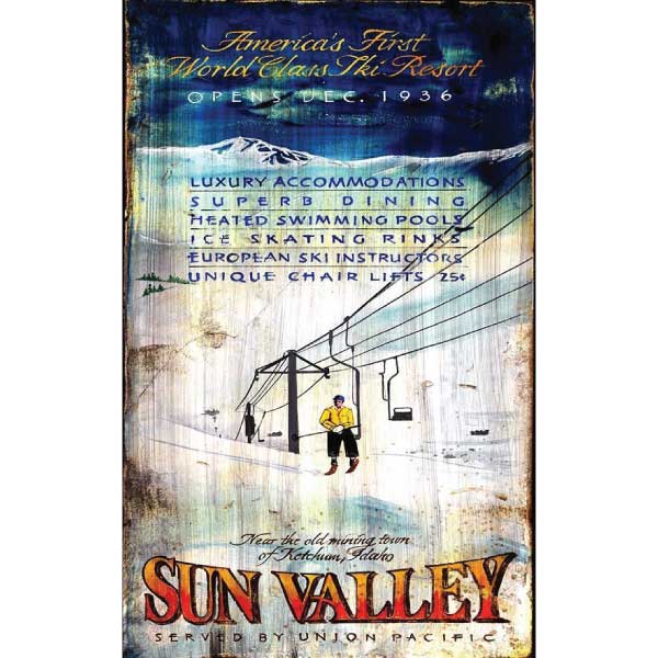 Old ad for America's First Ski Resort, Sun Valley, Idaho. Vintage wood sign