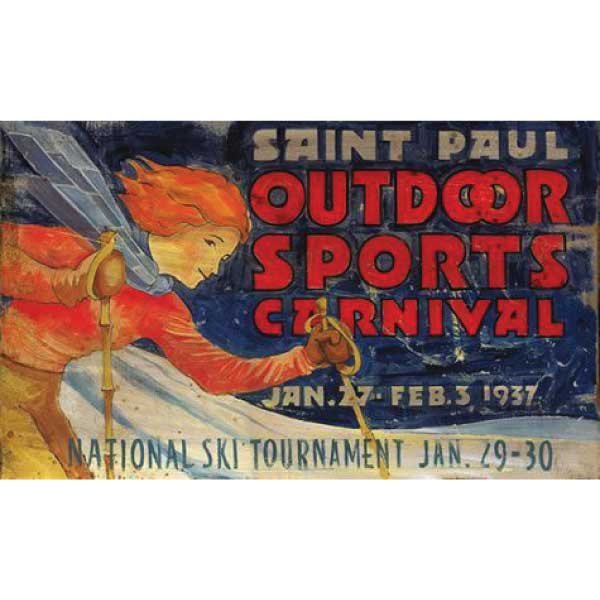 outdoor ski festival in saint paul; vintage wood sign; 1930's