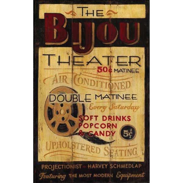 Classic movie theater sign; The Bijou Theater. Customize the projectionist name. image of film reel.