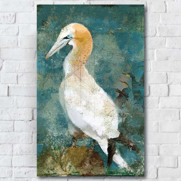 painting of Gannet with blue background hung on a white brick wall
