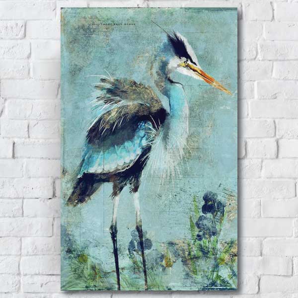 Great Blue Heron painting on wood boards against a brick wall