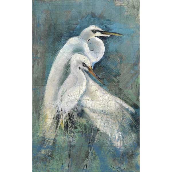 image of a pair of white Egrets huddled together; watercolor?