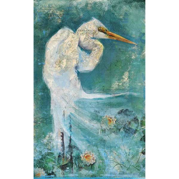 watercolor looking vintage wood sign with a great Egret 