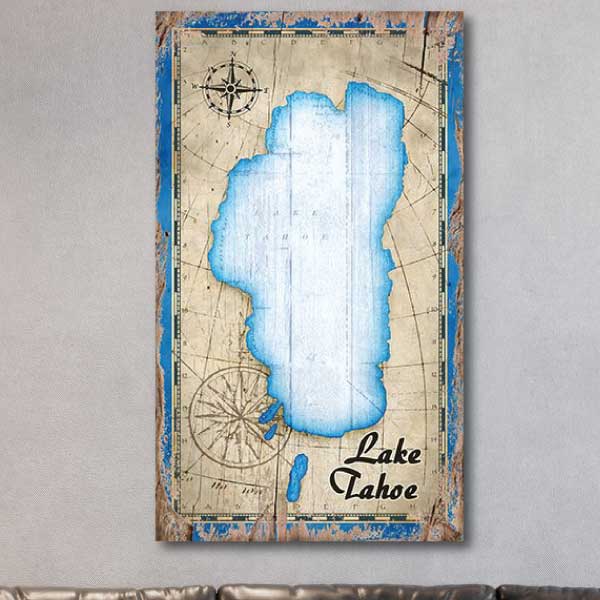 Map of Lake Tahoe on distressed wood panel