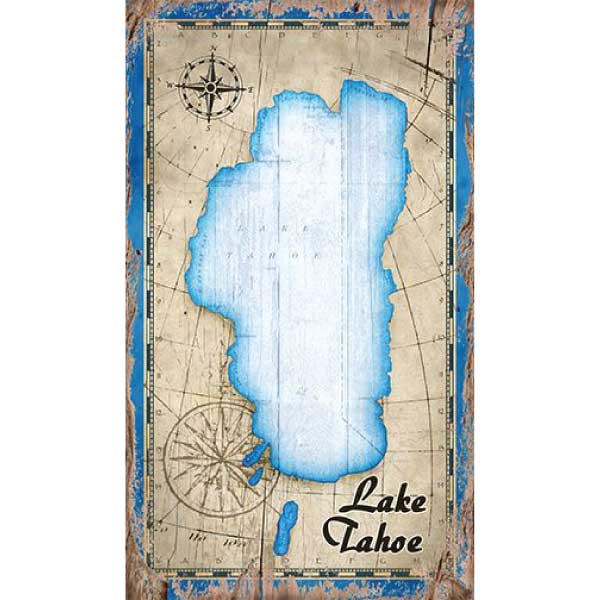 Vintage wood sign with map of Lake Tahoe NV CA