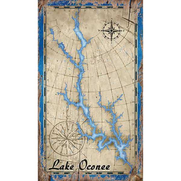 vintage wood sign of Lake Oconee map