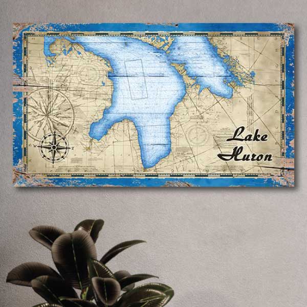 Vintage wood sign of Lake Huron map