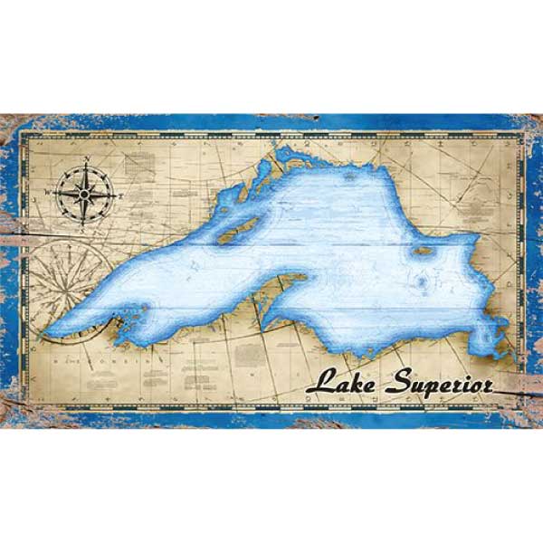map of Lake Superior; vintage wood sign; great lakes