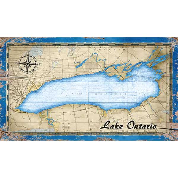 Vintage wood sign with map of Lake Ontario; great lakes; new york