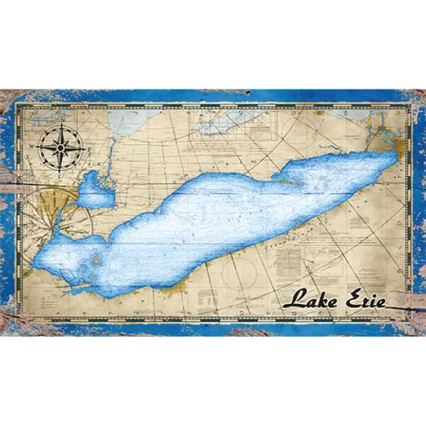 wall art of Lake Erie nautical map, vintage wood sign