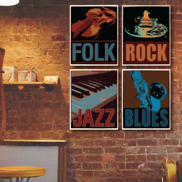 Musical Genres | 4 Print Collection (Rock, Jazz, Blues, Folk) | Stretched Canvas Print
