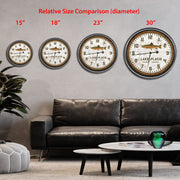 Size comparison of round clocks above a couch