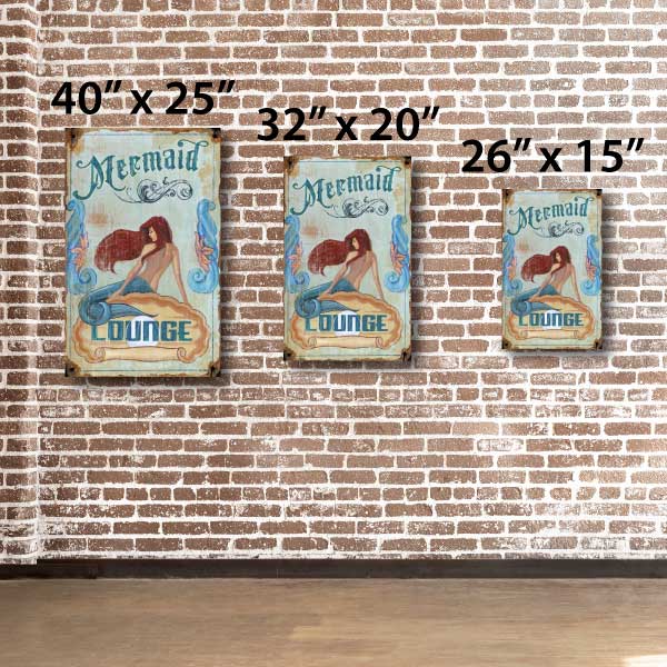 Visual comparison of vintage sign sizes: 40x25", 32x20" and 26x15"; vintagewoodsigns.com