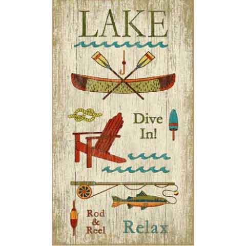 Distressed sign with various lake icons; "Dive In!", "Relax"