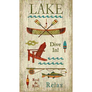 Distressed sign with various lake icons; "Dive In!", "Relax"