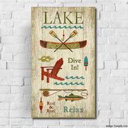 Distressed sign with various lake icons; canoe, chair, fishing reel