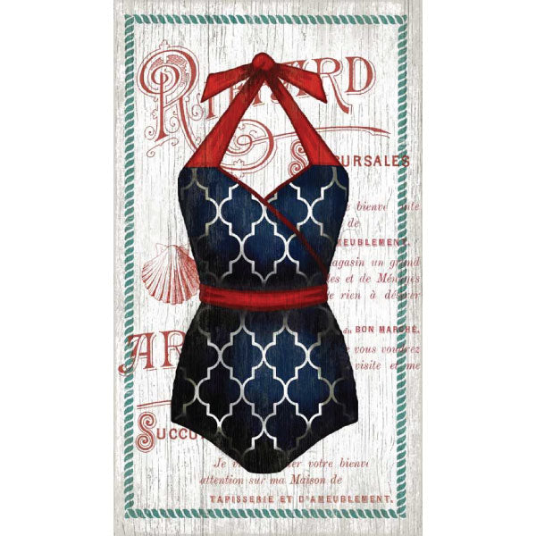 wood sign with vintage dark blue women's swimsuit