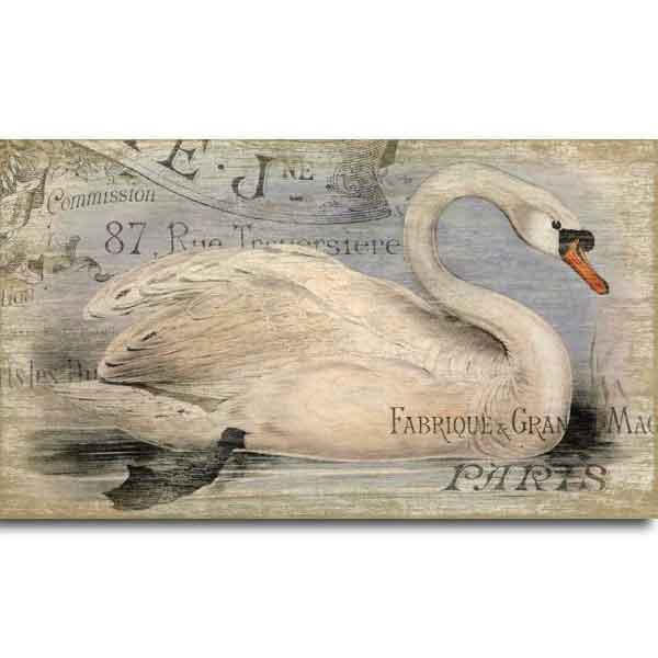 Beautiful Swan image with French writing in background; Vintage wood sign.