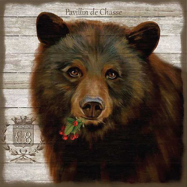 french hunting lodge holiday wall decor with image of a bear