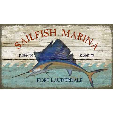 Sailfish Marina sign with lat and long for Ft. Lauderdale