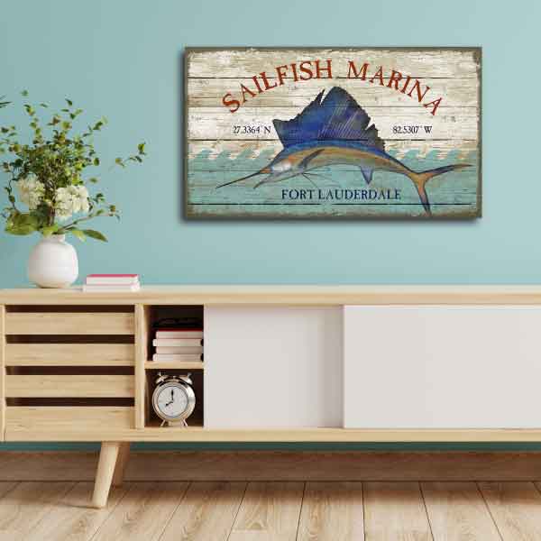 Distressed wood sign with large Sailfish and Ft. Lauderdale