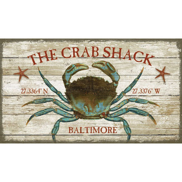 Vintage Sign with blue crab and lat and long for Baltimore. Wood sign