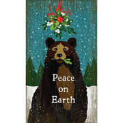 Brown or black bear in the snow; text is Peace on Earth; vintage wood sign